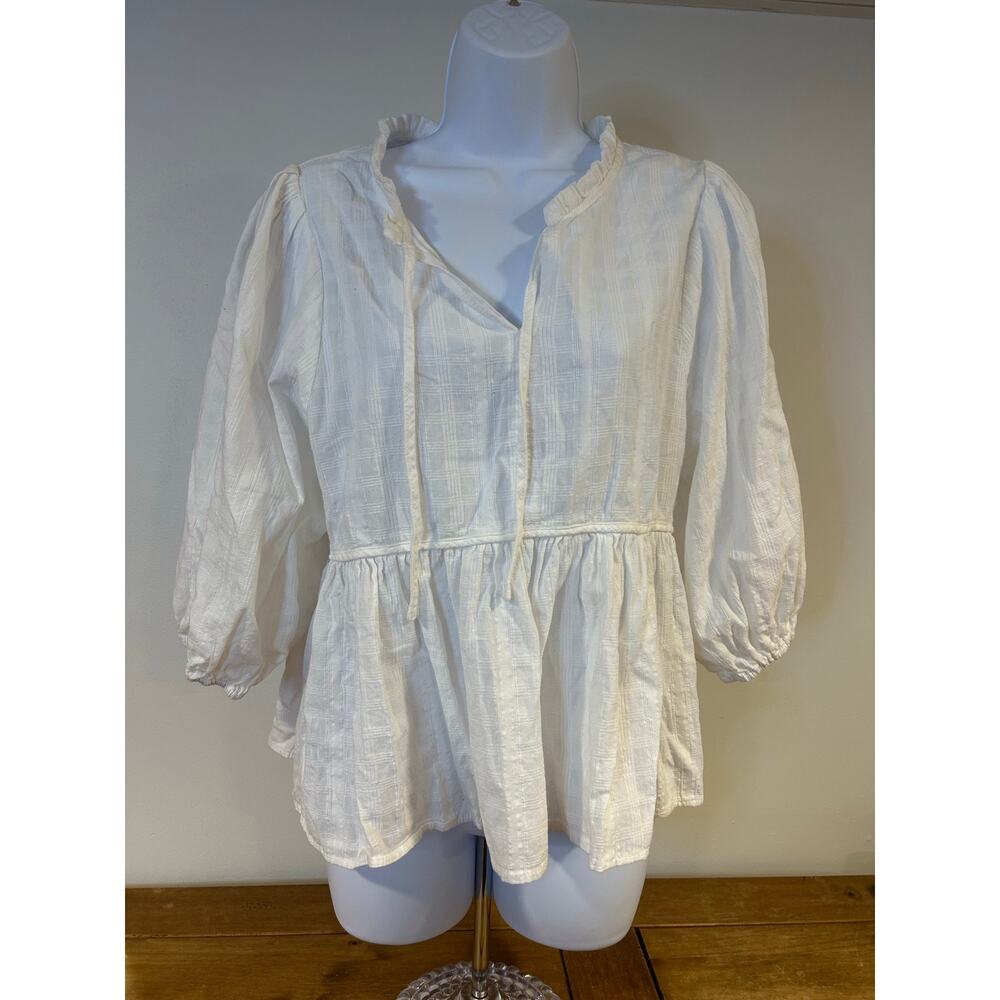 UMGEE USA Sz L White Ruffled Women's Top Plaid Texture Boho Peasant Minimalist